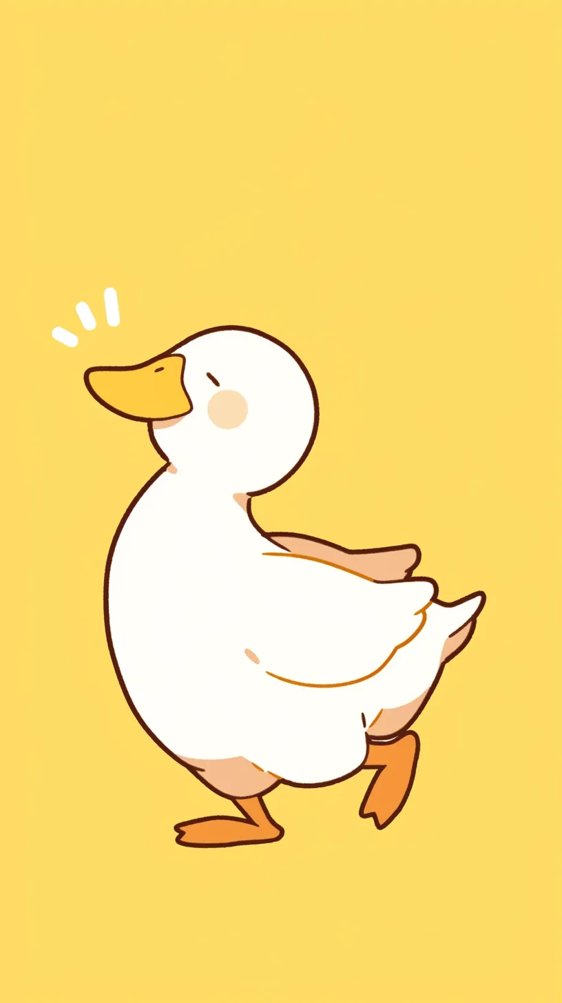 アヒル壁紙かわいい一歩｜黄色の背景に白いアヒルが軽やかに歩く姿が描かれた壁紙。シンプルな線と柔らかな配色が、楽しげな動きと愛らしさを際立たせている。余白が広く、軽快な雰囲気を引き立てている。