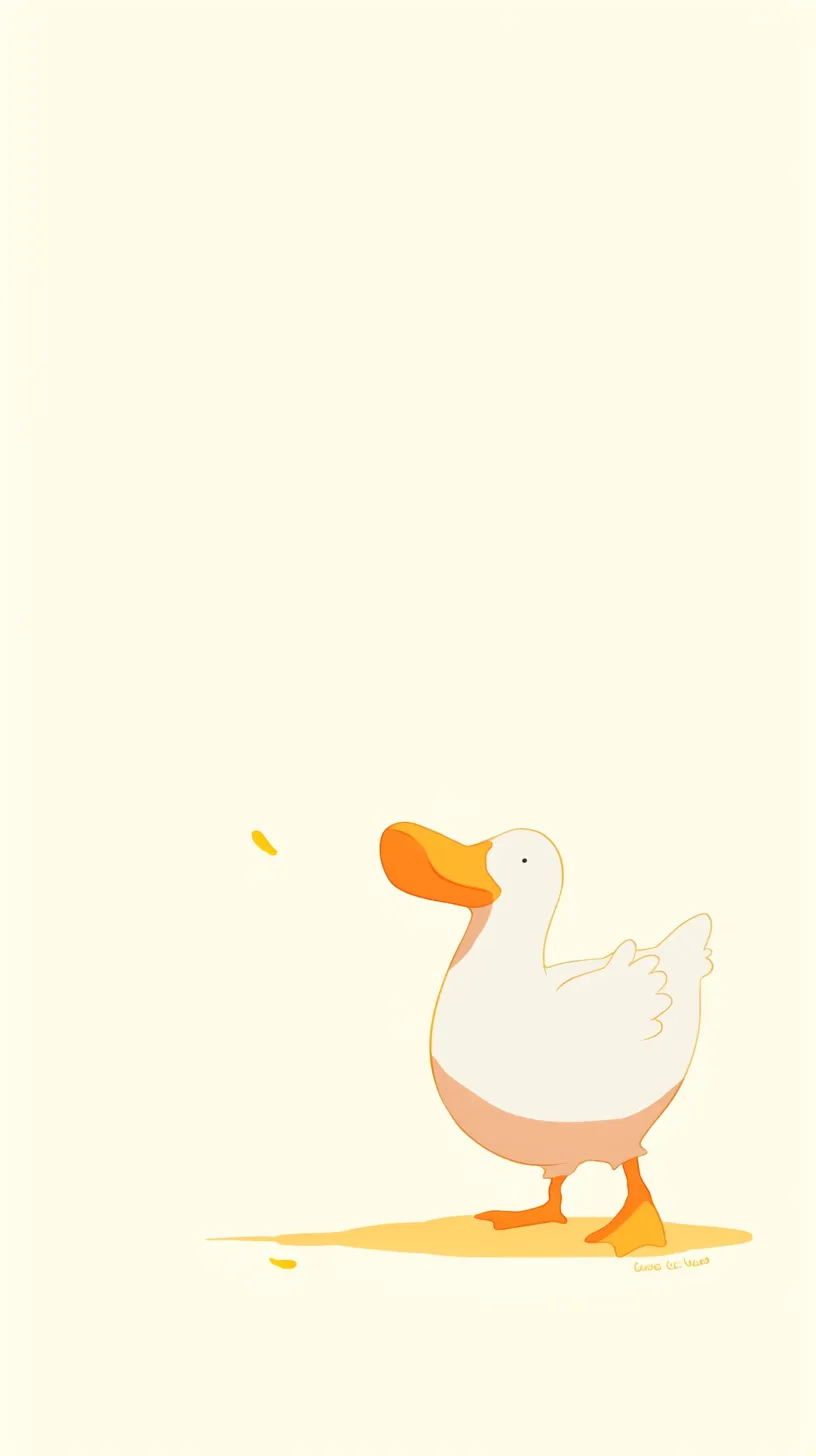 アヒル壁紙光と黄色｜淡い背景に立つアヒルが黄金色の光を浴びるように描かれた壁紙。大きなクチバシと落ちる影が印象的で、静けさの中に暖かさを漂わせている。