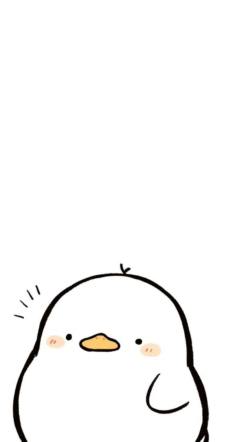 アヒル壁紙見上げ顔｜白背景の下部からひょっこり顔を出すアヒルのイラスト壁紙。丸みのあるフォルムと赤みを帯びた頬が愛嬌を増し、余白の広がりがユーモラスな印象を与えている。