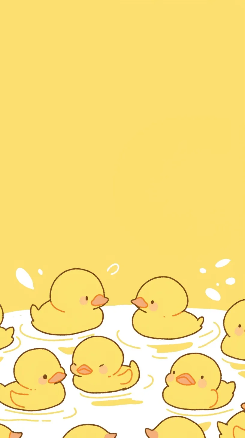アヒル壁紙群れあそび｜黄色い背景に多数の子アヒルが水面で遊ぶ姿が描かれた壁紙。水しぶきの動きと異なる表情がにぎやかさを表現し、全体に明るく楽しい雰囲気を作り出している。