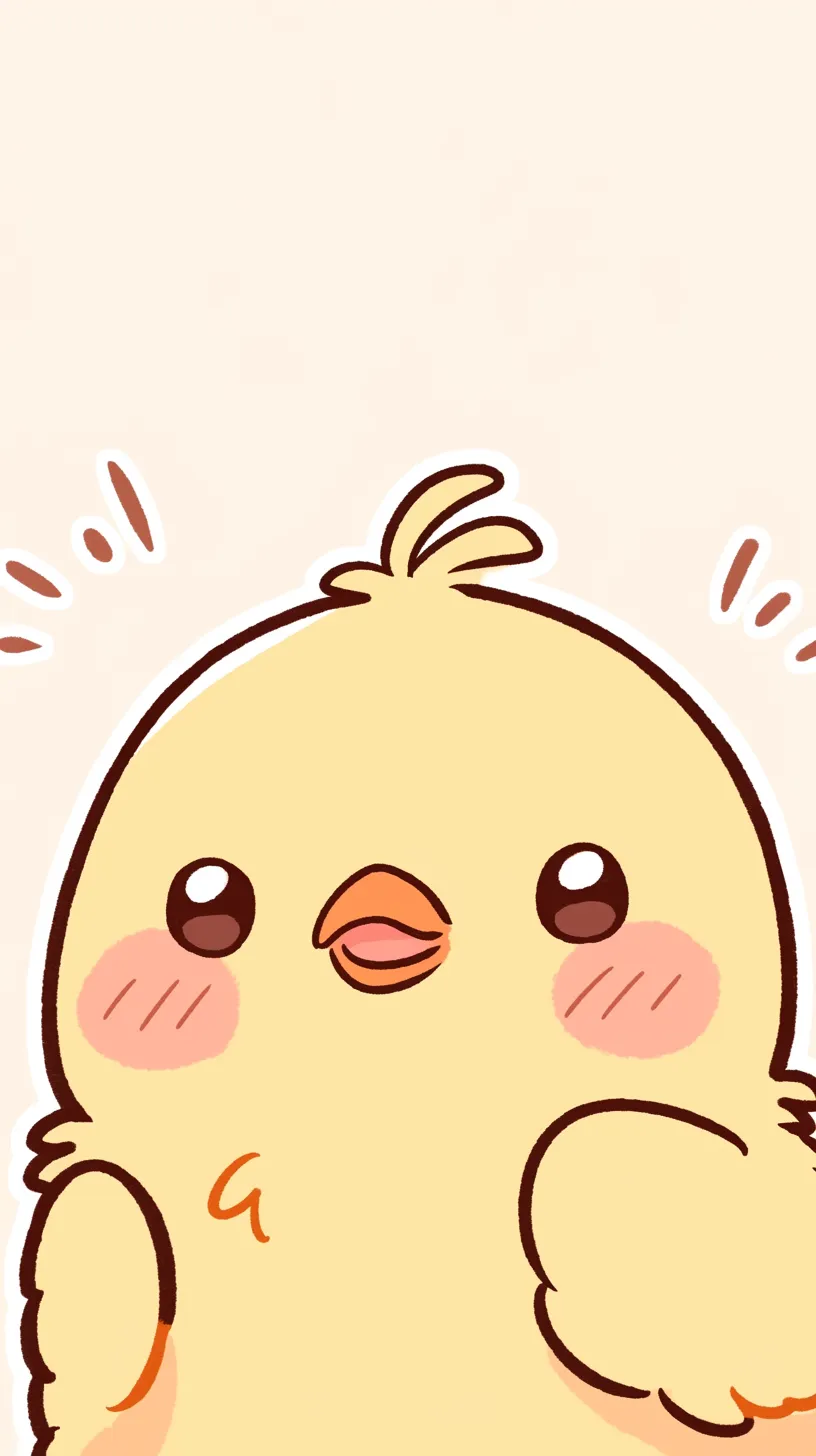 ひよこ壁紙ウインク笑顔｜ウインクするひよこのアップが描かれた壁紙。頬の赤みや手の動きが元気な雰囲気を演出し、画面いっぱいに広がる表情が親しみやすい。