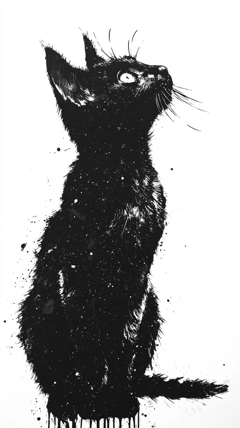 おしゃれ黒猫壁紙｜闇に溶け込むおしゃれ黒猫が鋭い眼差しで上方を見つめる姿は、余白と光の強調によって壁紙に深みを与える。毛並みの質感と輝く瞳が対照的に描かれ、黒猫の神秘的な存在感が画面全体を引き締める構図となっている。