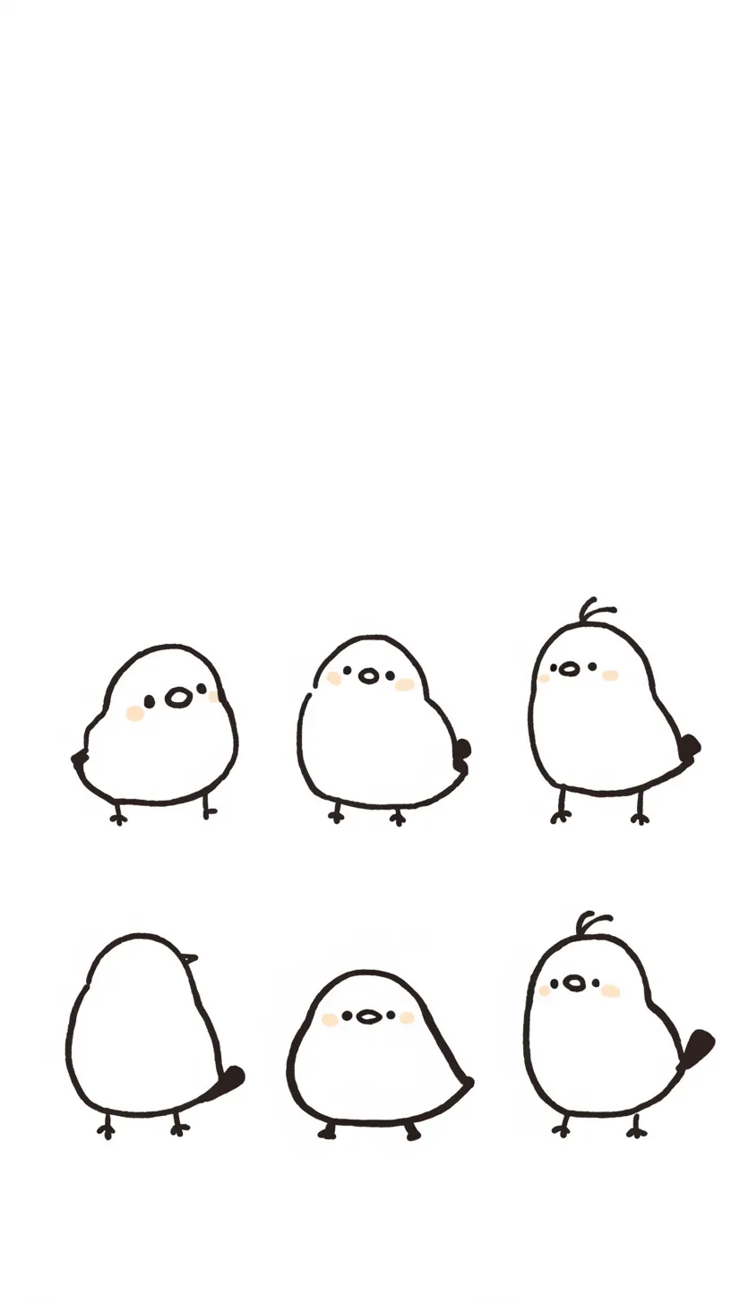かわいいシマエナガ壁紙六羽の姿｜六羽のシマエナガが異なる角度や仕草で描かれた壁紙。統一感ある線の表現と微妙な違いが、群れの愛らしい多彩さを引き立てている。