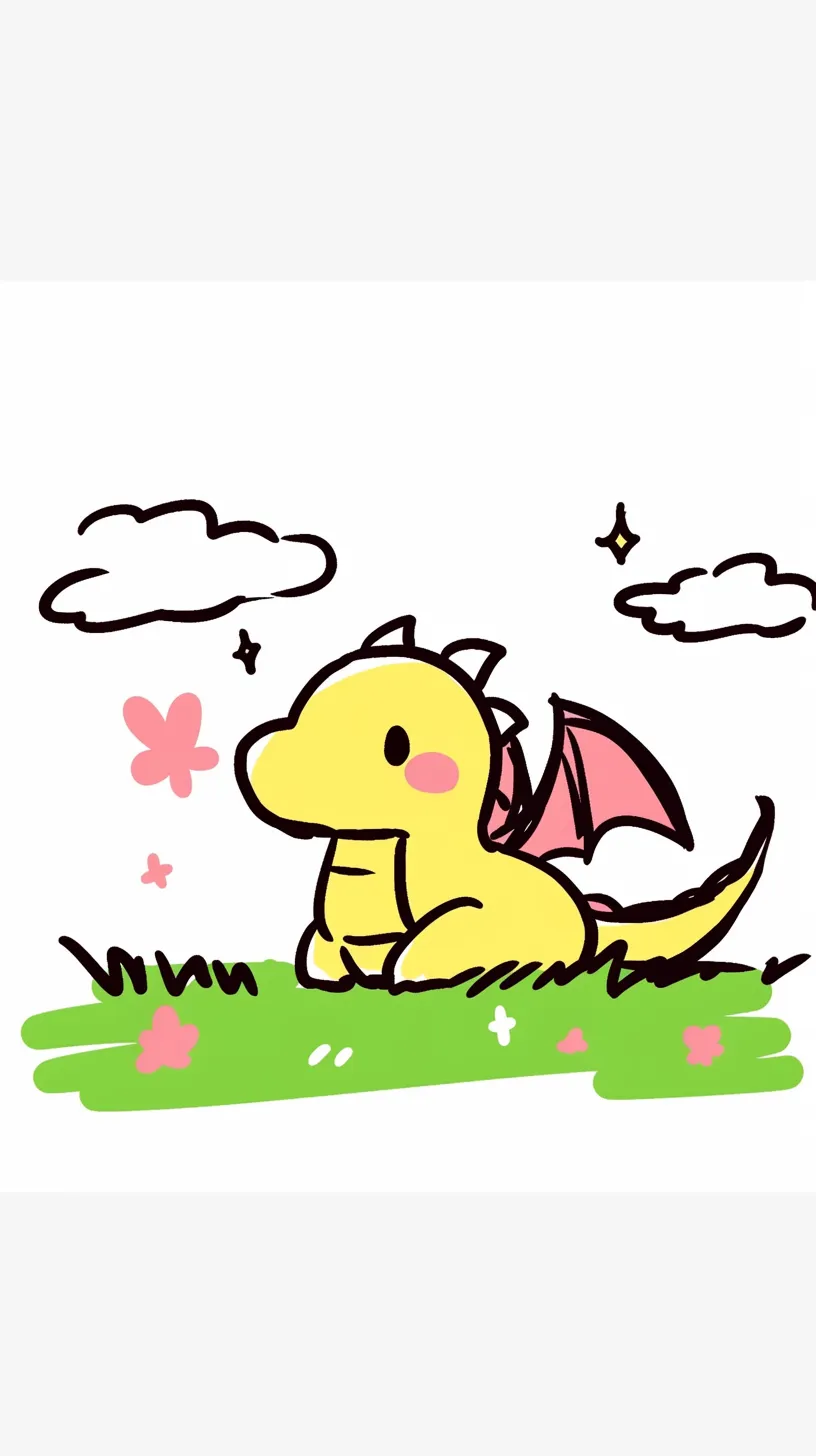 ドラゴン壁紙 草原に憩う黄｜黄色いドラゴンが草原にちょこんと座り、花や雲が散りばめられた穏やかな情景。可愛らしさと爽やかさが壁紙の印象を軽やかにしています。