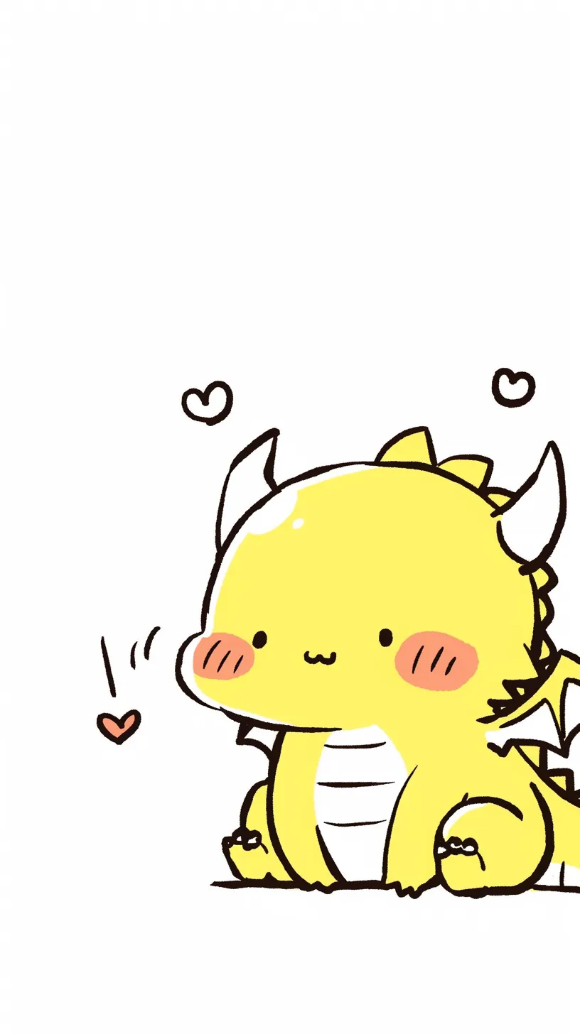 ドラゴン壁紙 ハートの笑顔｜頬を染めた黄色いドラゴンが小さなハートに囲まれ、素直な愛嬌を感じさせる構図。壁紙全体が温かく親しみやすい雰囲気で満たされます。