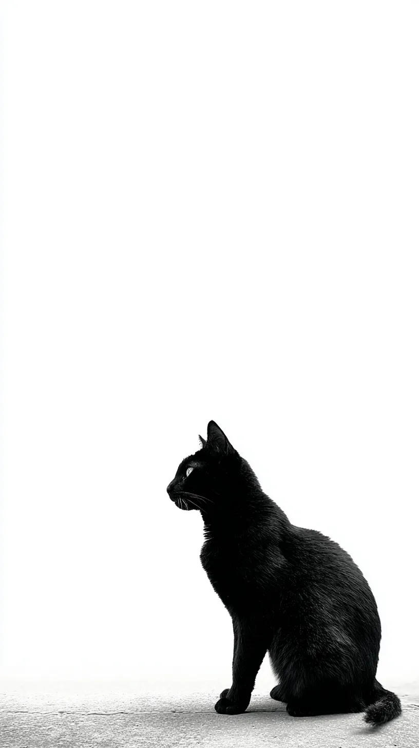 おしゃれ黒猫壁紙｜真っ白な余白の中をおしゃれ黒猫が正面に歩み寄る姿は、シンプルでありながら強烈な印象を与える。壁紙として構成された空間の対比が黒猫の存在を際立たせ、静謐と緊張感が共存する独特の雰囲気を作り出している。