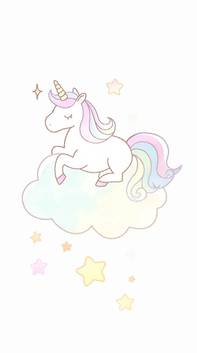 ユニコーン壁紙 雲に眠る夢｜柔らかな水彩の雲に横たわるユニコーンが、星と共に優しく浮かびます。淡い色彩と透明感が壁紙に穏やかな幻想性を与えています。