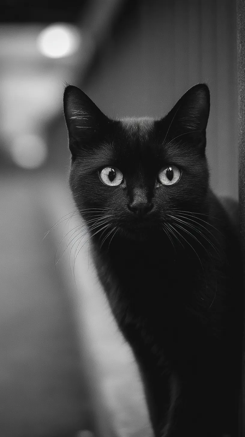 おしゃれ黒猫壁紙｜白地に描かれたおしゃれ黒猫の横顔が、余白とのバランスで引き立てられている。壁紙の構図は余白の大胆さが黒猫の造形を際立たせ、静かで洗練された雰囲気を醸し出している。