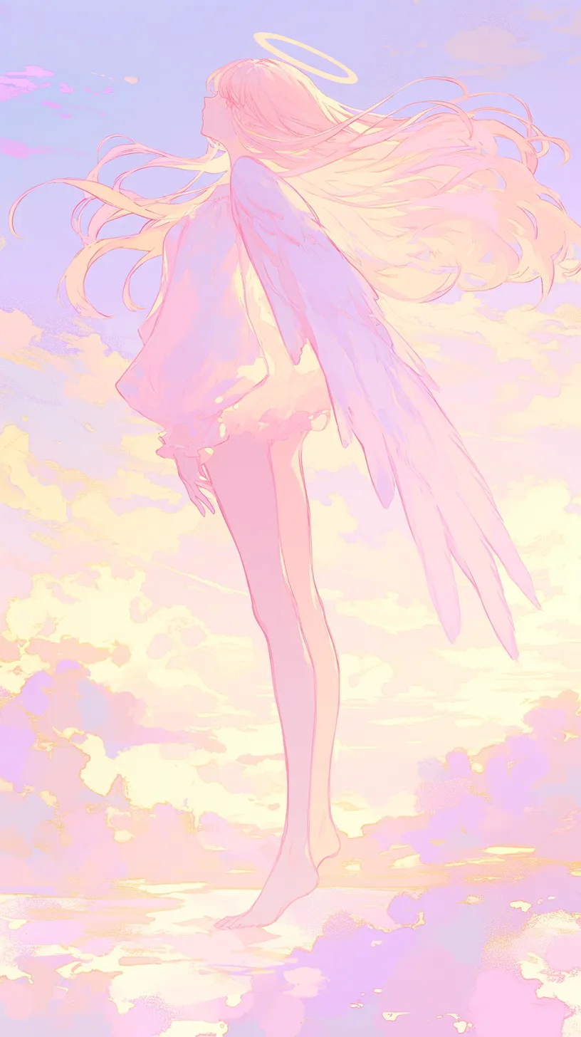 おしゃれ天使壁紙の浮遊｜空に浮かぶように描かれたおしゃれ天使の壁紙。金色の光を浴びる翼と髪が流麗に広がり、幻想的な空の色彩が一体となって広がる。