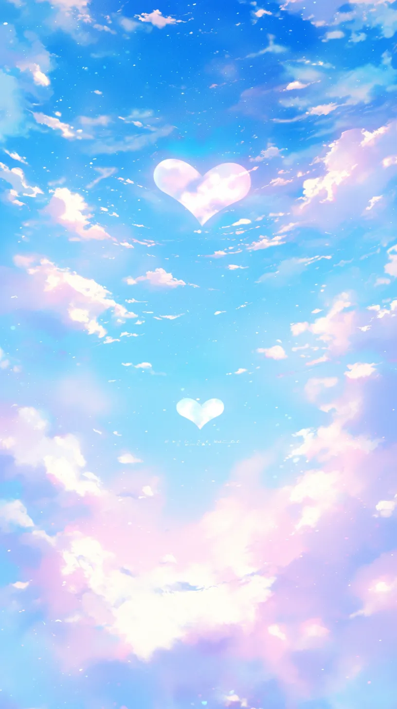 おしゃれハート壁紙の空模様｜青空に浮かぶ雲がハート型を描き出すおしゃれハート壁紙。ピンクとブルーの淡いグラデーションが柔らかく広がり、幻想的な空気感を生んでいる。