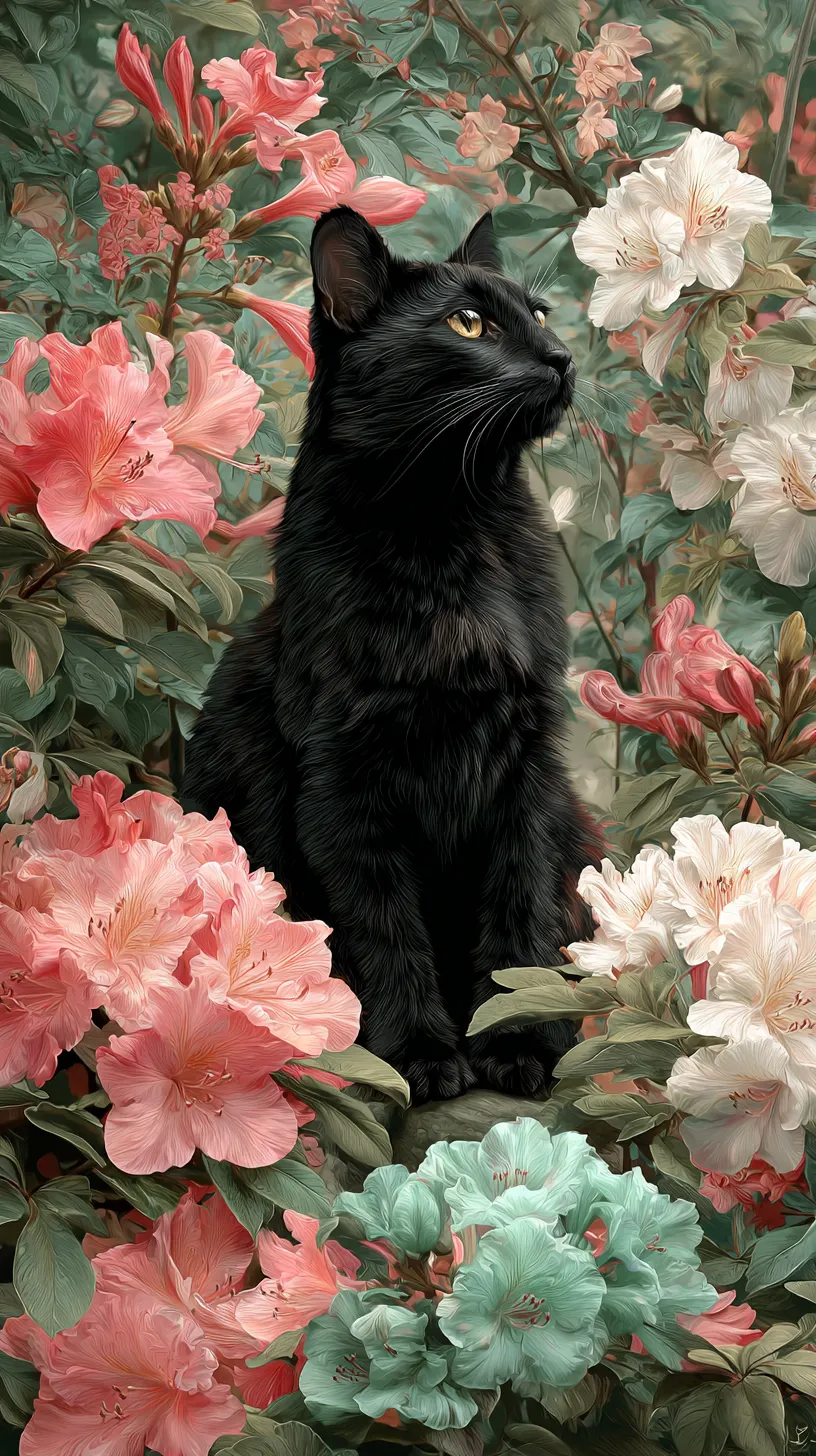 おしゃれ黒猫壁紙｜墨絵風のタッチで描かれたおしゃれ黒猫が上方を見上げる姿は、動きと静止の両方を感じさせる。壁紙の大胆な黒と白のコントラストが生み出す迫力は、猫の造形をより抽象的かつ芸術的に際立たせている。