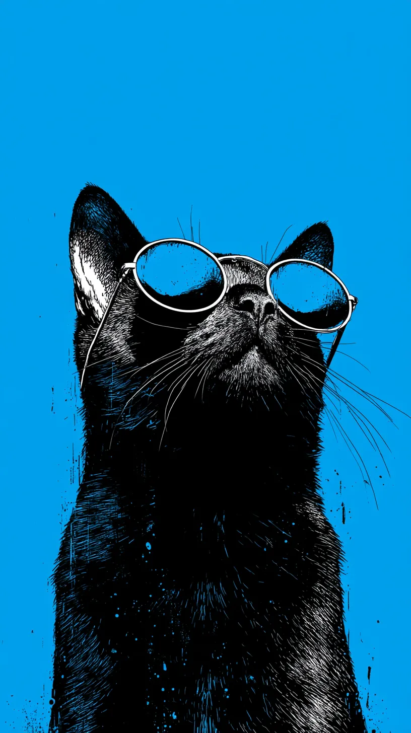 おしゃれ黒猫壁紙｜鮮やかな青の背景にサングラスをかけたおしゃれ黒猫が浮かび上がり、強烈な印象を与える。壁紙のポップな色彩と大胆な構図が合わさり、ユーモラスでありながらスタイリッシュな雰囲気を完成させている。