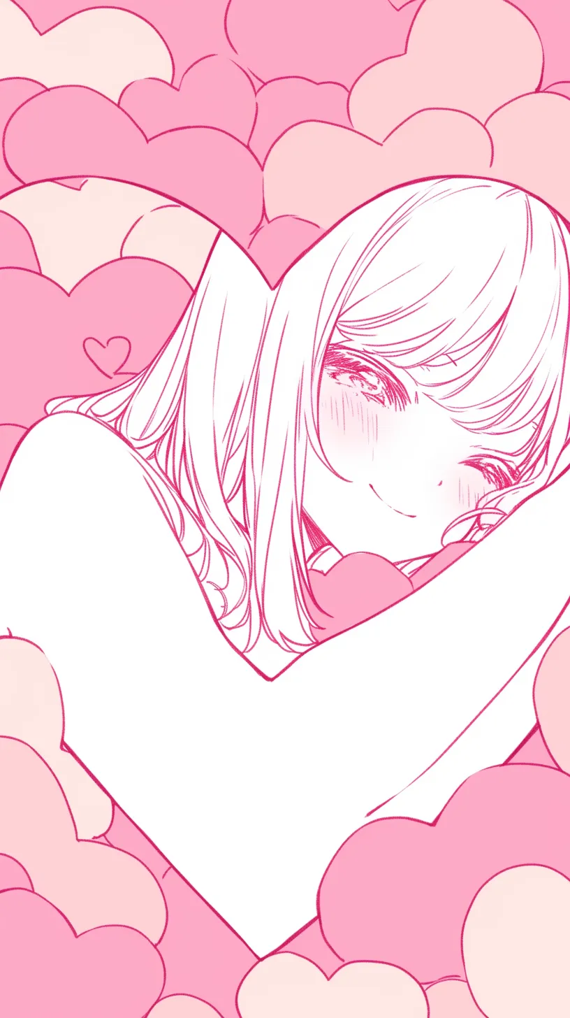ピンクハート壁紙 微笑む抱擁｜笑顔の少女がハートに包まれるように描かれた構図が印象的なピンクハート壁紙。頬の赤らみや目元の柔らかさが親密さを強調し、無数のハートに囲まれた背景が幸福感を広げている。