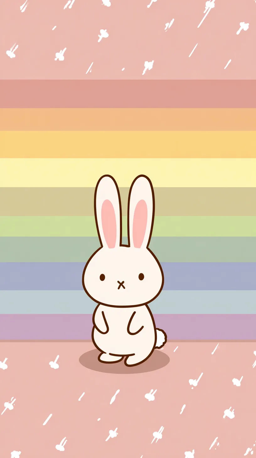 かわいい動物壁紙 虹うさぎ｜虹色のストライプを背にしたうさぎが立ち姿で描かれたかわいい動物壁紙。パステルカラーの彩りと単純化された線描が童話の一場面のような世界観を作り、素朴で無垢な存在感を漂わせている。