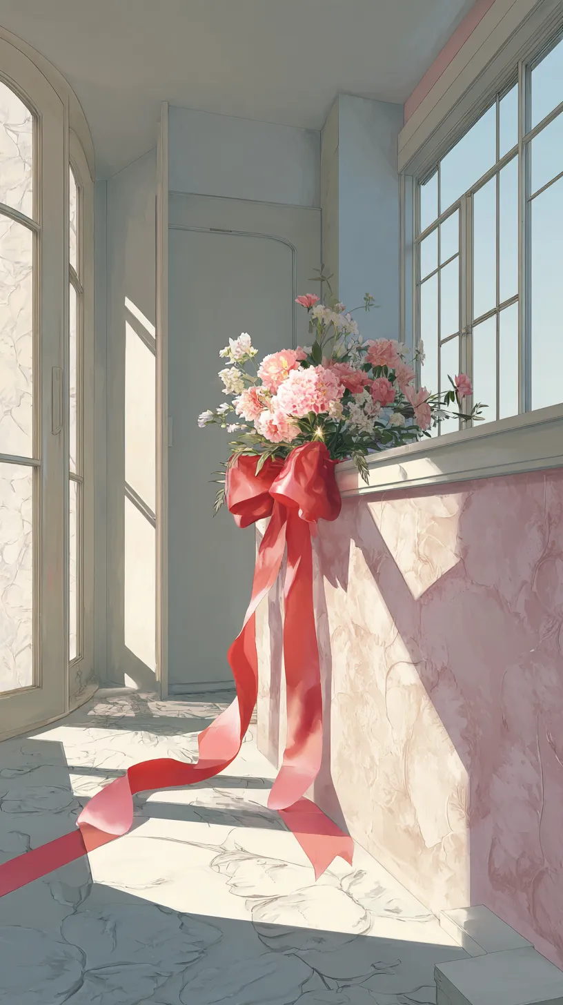 リボン壁紙 花束の窓辺｜窓辺に置かれた花束を鮮やかな赤いリボンが飾る。差し込む光と影が調和し、温かさと静謐を描き出す印象的な壁紙。