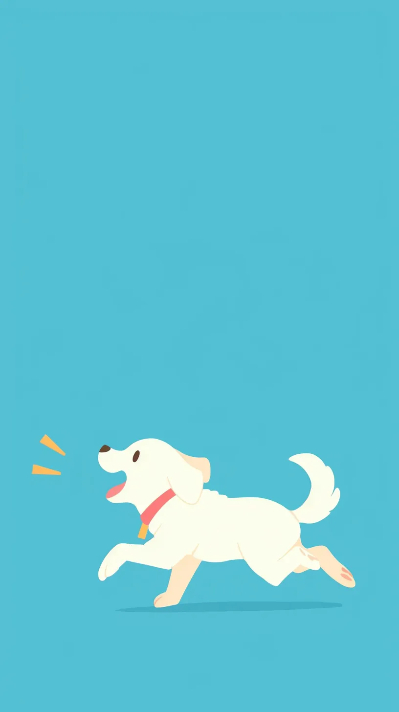 かわいい犬壁紙｜鮮やかな青空を背にかわいい犬が駆け出す姿が描かれ、弾むような動きと楽しげな鳴き声が壁紙全体に広がる。シンプルな色面が犬の元気さを引き立てる構成となっている。