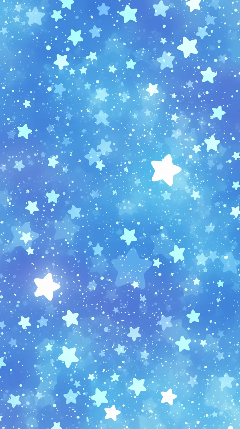 かわいい星壁紙 青のきらめき｜青い夜空を舞う無数のかわいい星が重なり合い、幻想的な輝きが広がる鮮やかな壁紙。奥行き感のある配置が魅力。