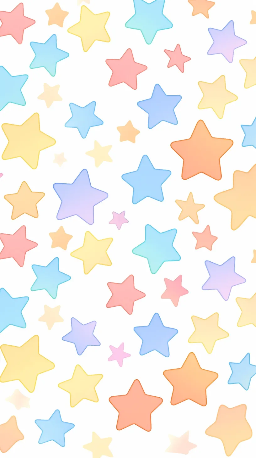 かわいい星壁紙 虹色の遊び｜パステル調のかわいい星が散りばめられ、赤や青、黄色が柔らかく調和して明るい雰囲気を届ける壁紙。