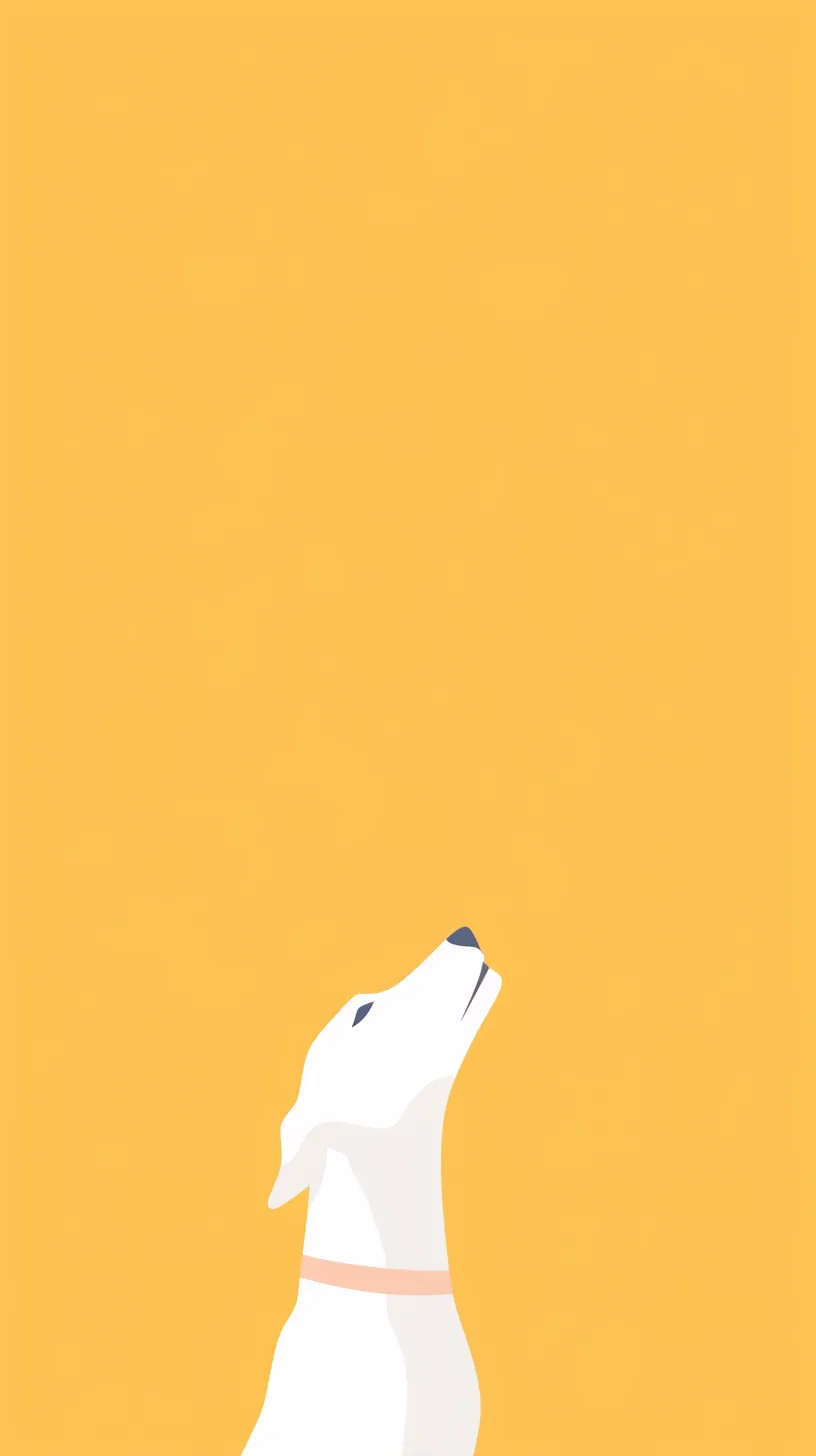 かわいい犬壁紙｜オレンジ色の背景にかわいい犬が首を伸ばし上を見つめる姿が描かれ、温かな色彩と素朴な形が調和する。壁紙全体に穏やかな時間の流れが漂っている。