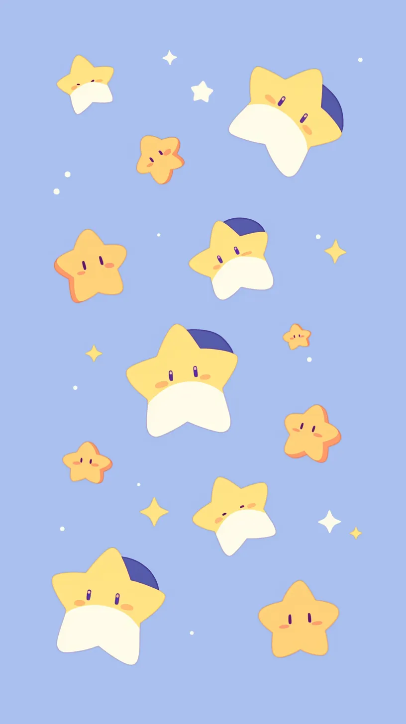 かわいい星壁紙 星たちの眠り｜小さな顔を持つかわいい星たちが並び、帽子をかぶった星も混じり、優しい夜の安らぎを思わせる壁紙。