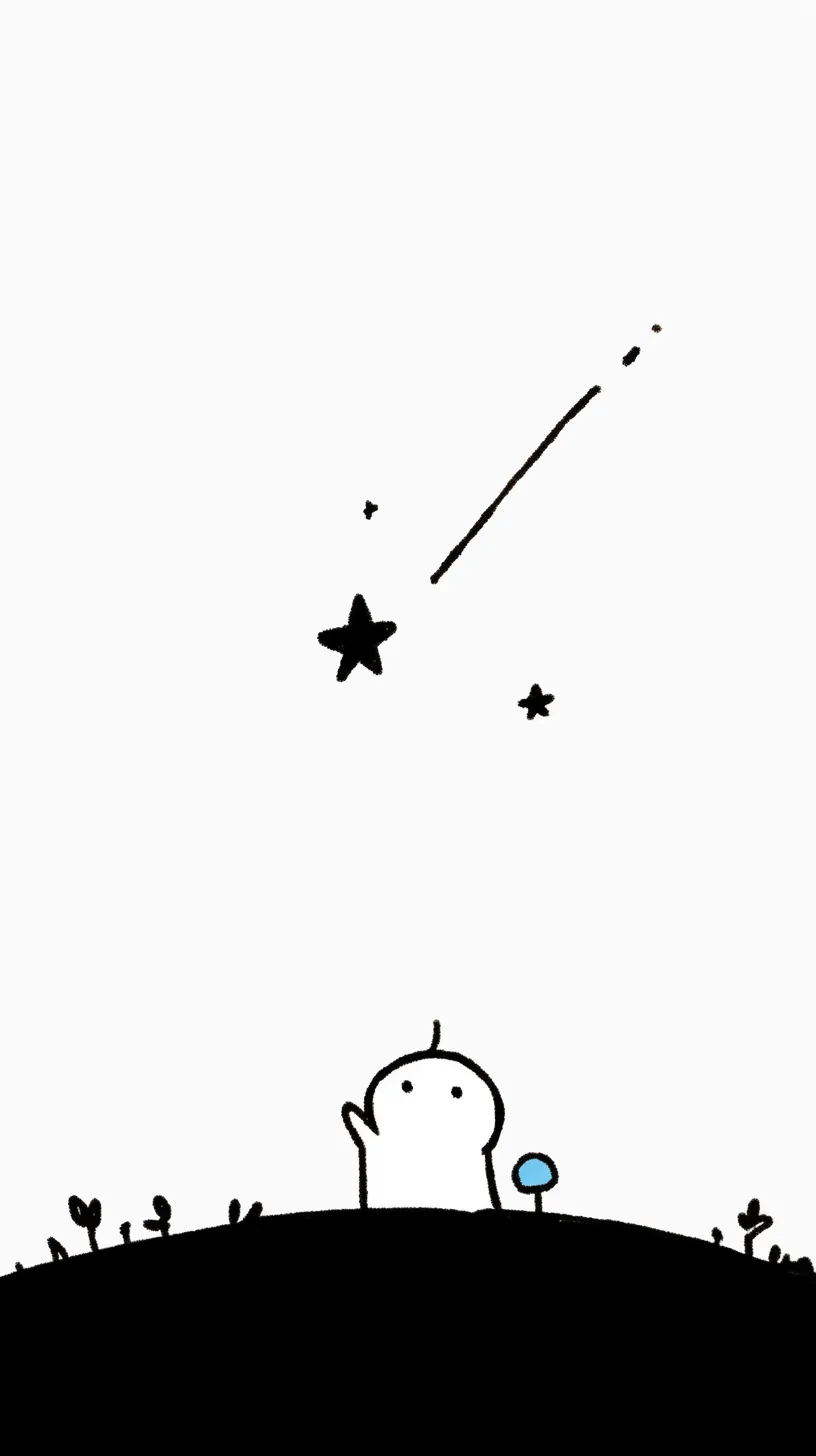 おしゃれ星壁紙のきらめき｜白い地平から見上げるキャラクターの前に、星が降るように伸びる軌跡が浮かぶ構図。シンプルな線画ながら広がりを感じさせる演出で、「おしゃれ星壁紙」として柔らかい夢の世界を表現している。