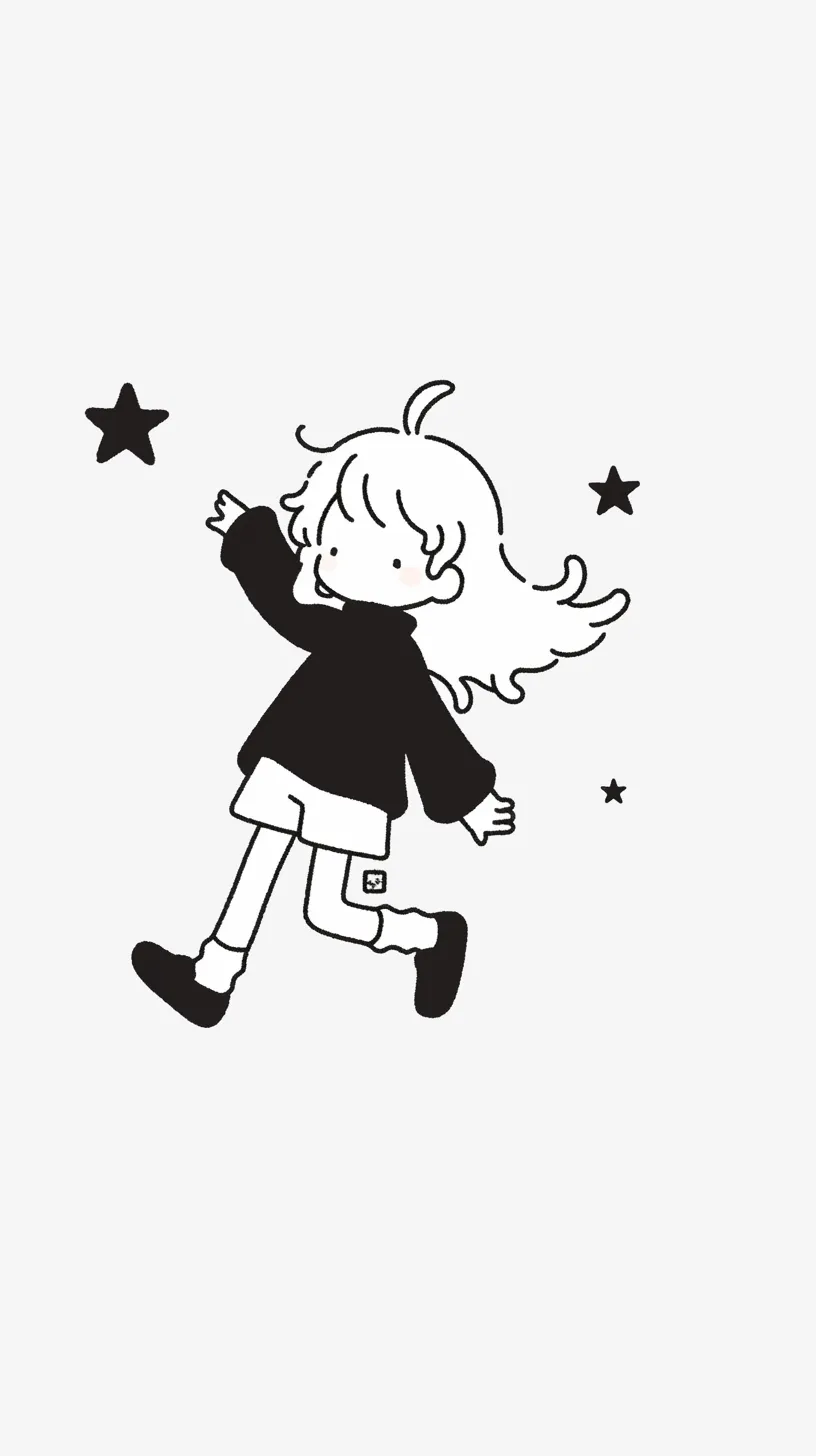 おしゃれ星壁紙の散歩｜流れる髪と軽やかなステップで宙を舞う子どもの姿が描かれ、周囲に浮かぶ星々と調和する構図。白と黒のコントラストが心地よく、「おしゃれ星壁紙」として軽快で遊び心ある世界を見せている。