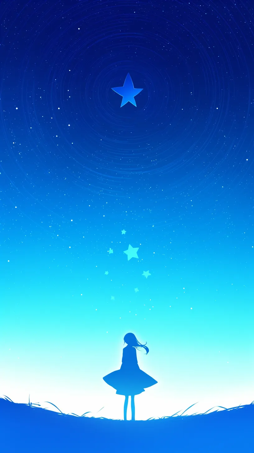 おしゃれ星壁紙の願い｜深い青の夜空と星のきらめきの中に立つ少女のシルエットが幻想的に広がる。視線の先に輝く大きな星が希望を象徴し、「おしゃれ星壁紙」として夢と静寂を同時に感じさせる構図になっている。