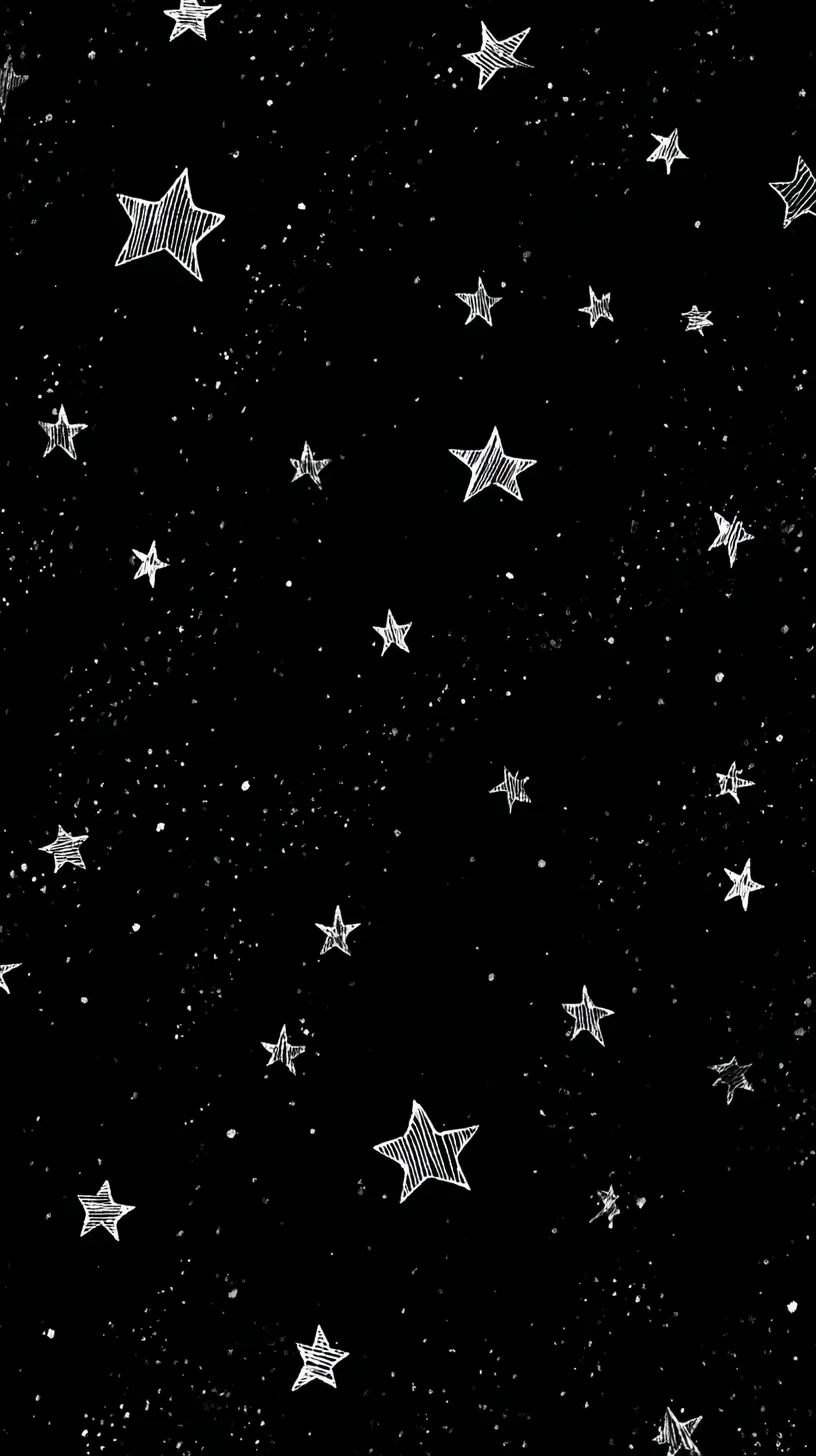 おしゃれ星壁紙の空模様｜黒一面の夜空に散りばめられた手描きの星々が、まるでノートの落書きのように可愛らしい。線の揺らぎが心地よく、「おしゃれ星壁紙」として遊び心のある宇宙を表現している。