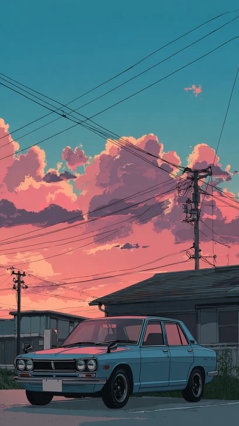 かっこいい車壁紙の夕暮れ｜青いボディのクラシックなかっこいい車が、夕焼けの空と電線の交差する風景に映える。赤く染まる雲の色彩が柔らかく車体に反射し、静かな住宅街に溶け込む姿が「かっこいい車壁紙」として懐かしさと美しさを感じさせている。
