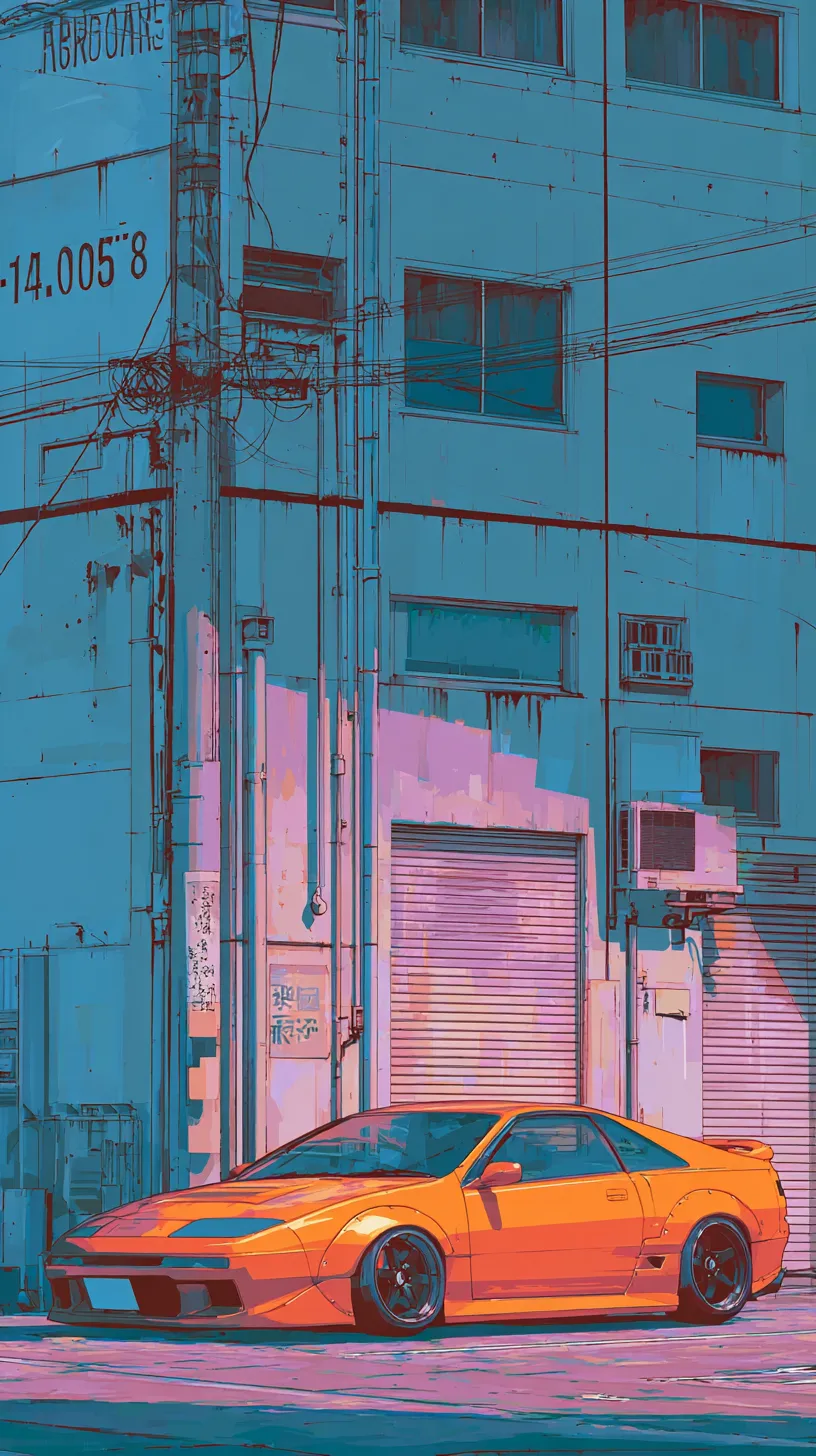かっこいい車壁紙の街角｜鮮やかなオレンジのかっこいい車が、無機質な工場跡の壁と対比を生む構図。シャッターや配線の無骨さが、車体の滑らかなラインを際立たせ、夕陽の色彩が重なることで「かっこいい車壁紙」として独特の存在感を放っている。