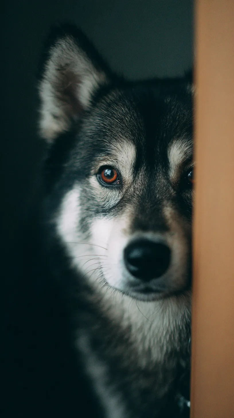 かわいい犬壁紙｜暗がりから半分だけ顔を覗かせるかわいい犬の瞳が印象的で、視線が壁紙に深みを与える。陰影の描写が犬の存在感を際立たせ、静かな緊張感を漂わせている。