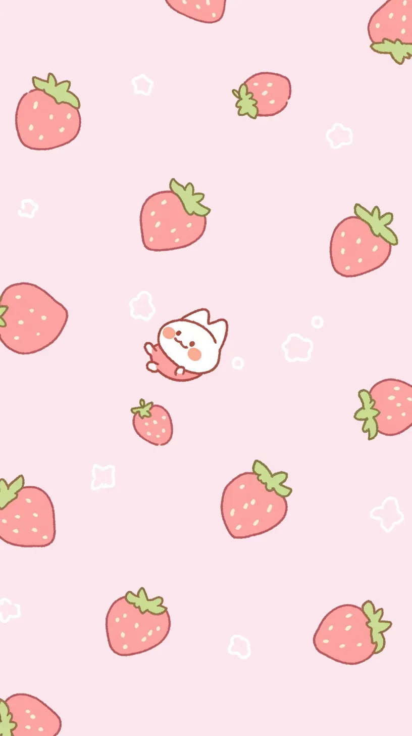 かわいいいちご壁紙 ふんわり夢｜ピンク色の背景に広がるかわいいいちごと、小さなキャラクターが浮かぶデザイン。淡い星形の線が軽やかさを添え、壁紙として優しい夢のような空気をまとっている。