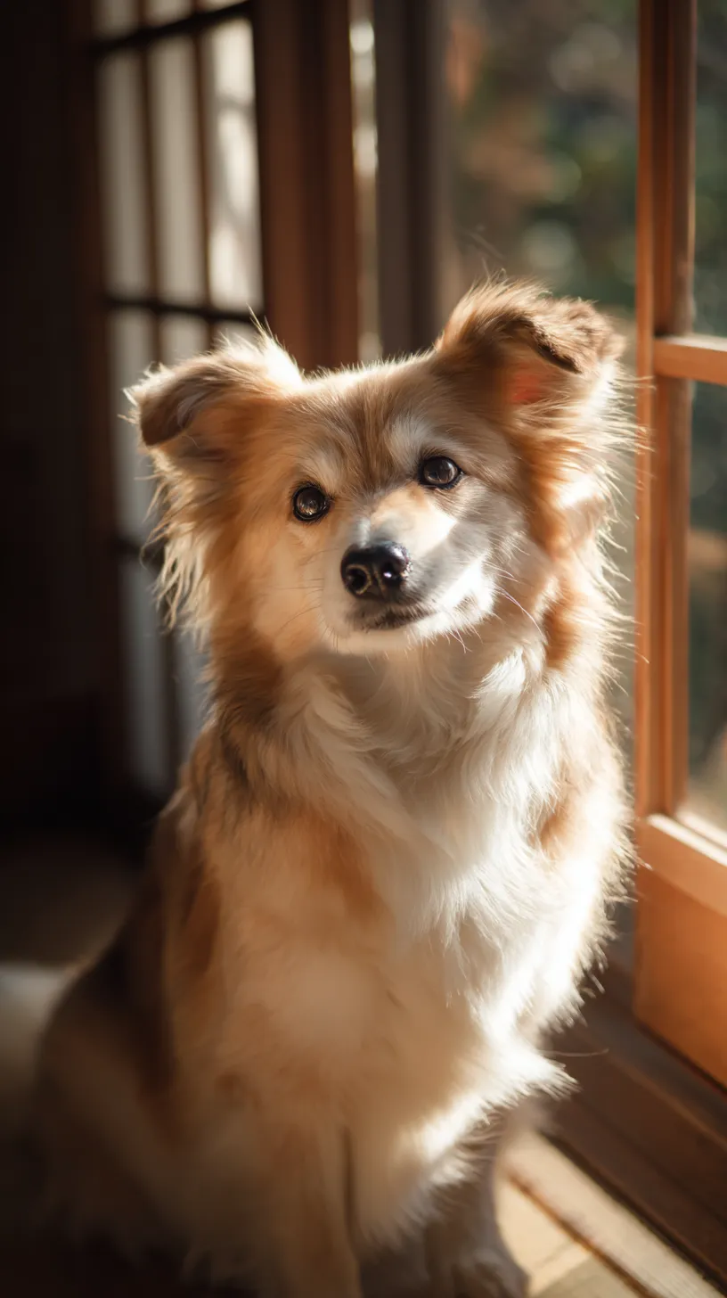 かわいい犬壁紙｜窓辺に佇むかわいい犬の柔らかな毛並みが光に照らされ、温もりある雰囲気を壁紙に広げる。犬の穏やかな表情と柔らかな光が調和し、心地よい時間を感じさせる。