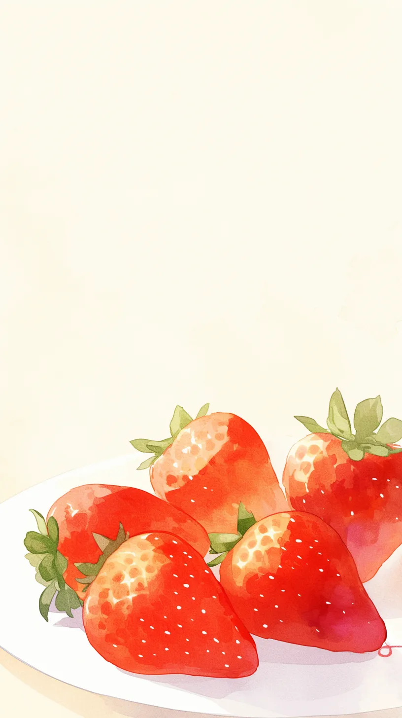 かわいいいちご壁紙 瑞々しい皿｜瑞々しい光沢をまとったかわいいいちごが皿の上に描かれ、柔らかな水彩表現で鮮やかさを際立たせる。壁紙としてリアルな果実感と柔らかい余白が絶妙に調和している。