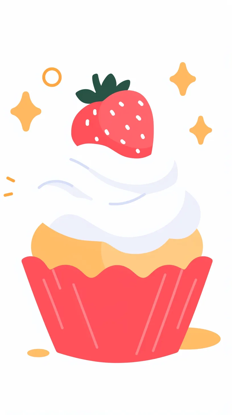 かわいいいちご壁紙 甘さの煌めき｜クリームたっぷりのカップケーキの上にのったかわいいいちごが輝きを放つ。シンプルな図形のきらめきが散りばめられ、壁紙としてスイーツの可憐な魅力を強調している。