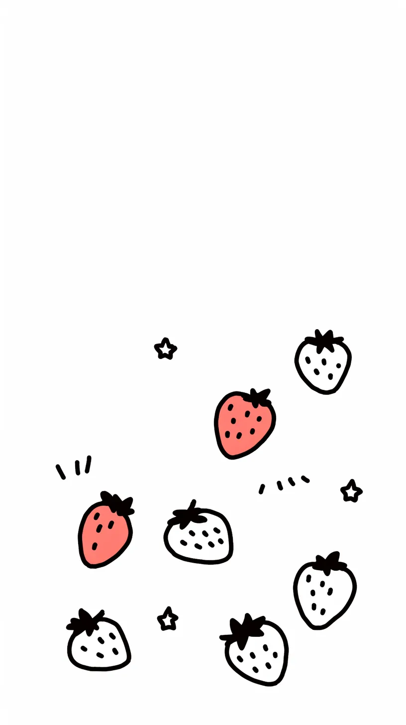 おしゃれイチゴ壁紙 シンプルかわいい｜白地に手描き風のイチゴが散りばめられたおしゃれイチゴ壁紙。線のラフさと赤白のコントラストが柔らかく、ミニマルで愛らしい雰囲気を演出しているのが魅力的です。
