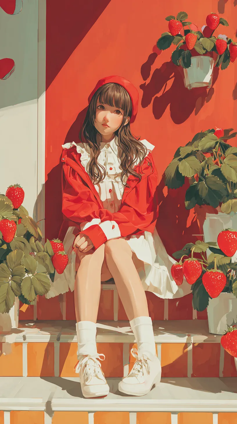 おしゃれイチゴ壁紙 ガーリーな赤｜赤い壁と少女の衣装が鮮やかな対比をつくるおしゃれイチゴ壁紙。背景の鉢植えと服装の調和が、華やかで物語性のあるシーンを引き立てています。