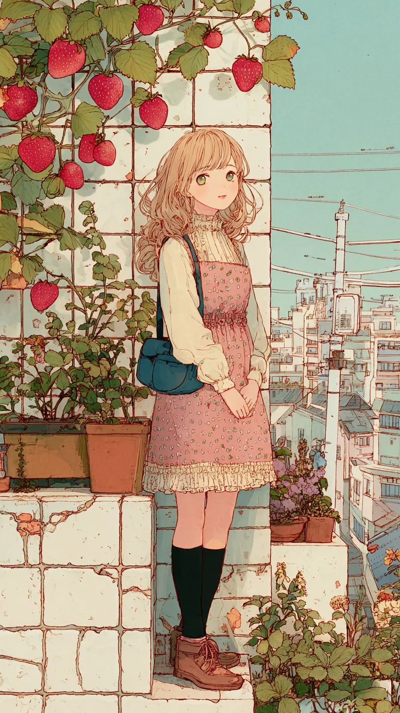 おしゃれイチゴ壁紙 ノスタルジー｜街並みとタイルの風合いが懐かしさを漂わせるおしゃれイチゴ壁紙。パステル調の色彩と少女の柔らかな表情が、優しい時間の流れを感じさせます。