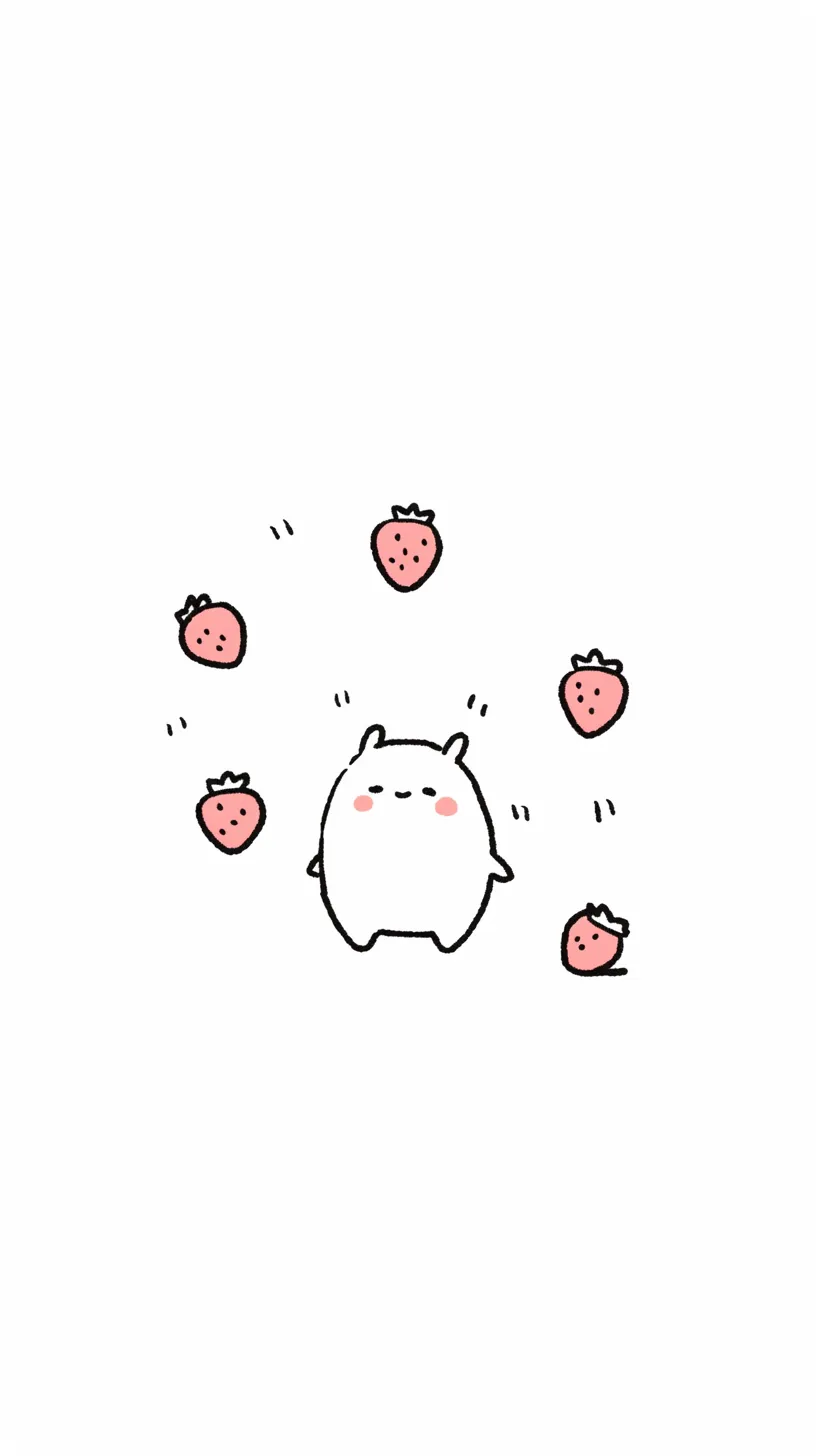 おしゃれイチゴ壁紙 ゆるキャラ風｜丸みのある白いキャラクターとイチゴが散らばるおしゃれイチゴ壁紙。シンプルながら愛嬌のある構図が、かわいさとユーモアを同時に感じさせてくれます。