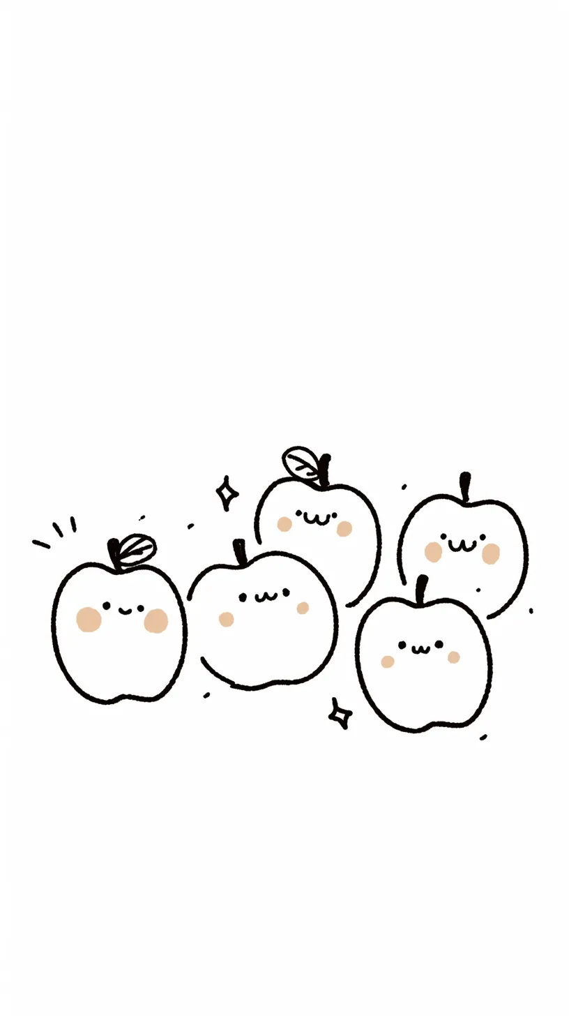 りんご壁紙ほのぼの｜手描き風の線で描かれた5つのりんごが並び、頬に紅を差した表情が可愛い壁紙。シンプルな黒の輪郭と小さな装飾が親しみやすい温もりを漂わせている。