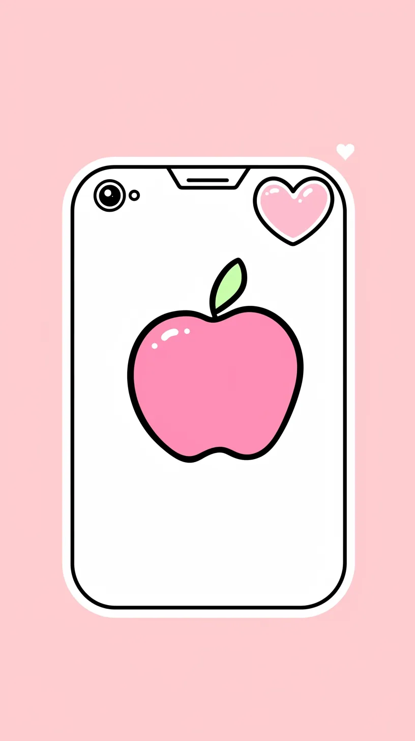 りんご壁紙ポップデザイン｜スマートフォンをモチーフに中央へりんごが描かれた壁紙。ピンクを基調にした色合いとハートの装飾がポップで可愛らしい雰囲気を広げている。