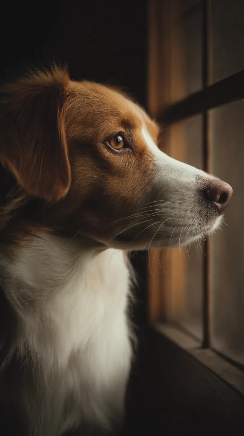 かわいい犬壁紙｜窓の外をじっと見つめるかわいい犬の横顔が印象的に描かれ、光と影のコントラストが壁紙全体を引き締める。犬の眼差しが静かな物語性を漂わせている。