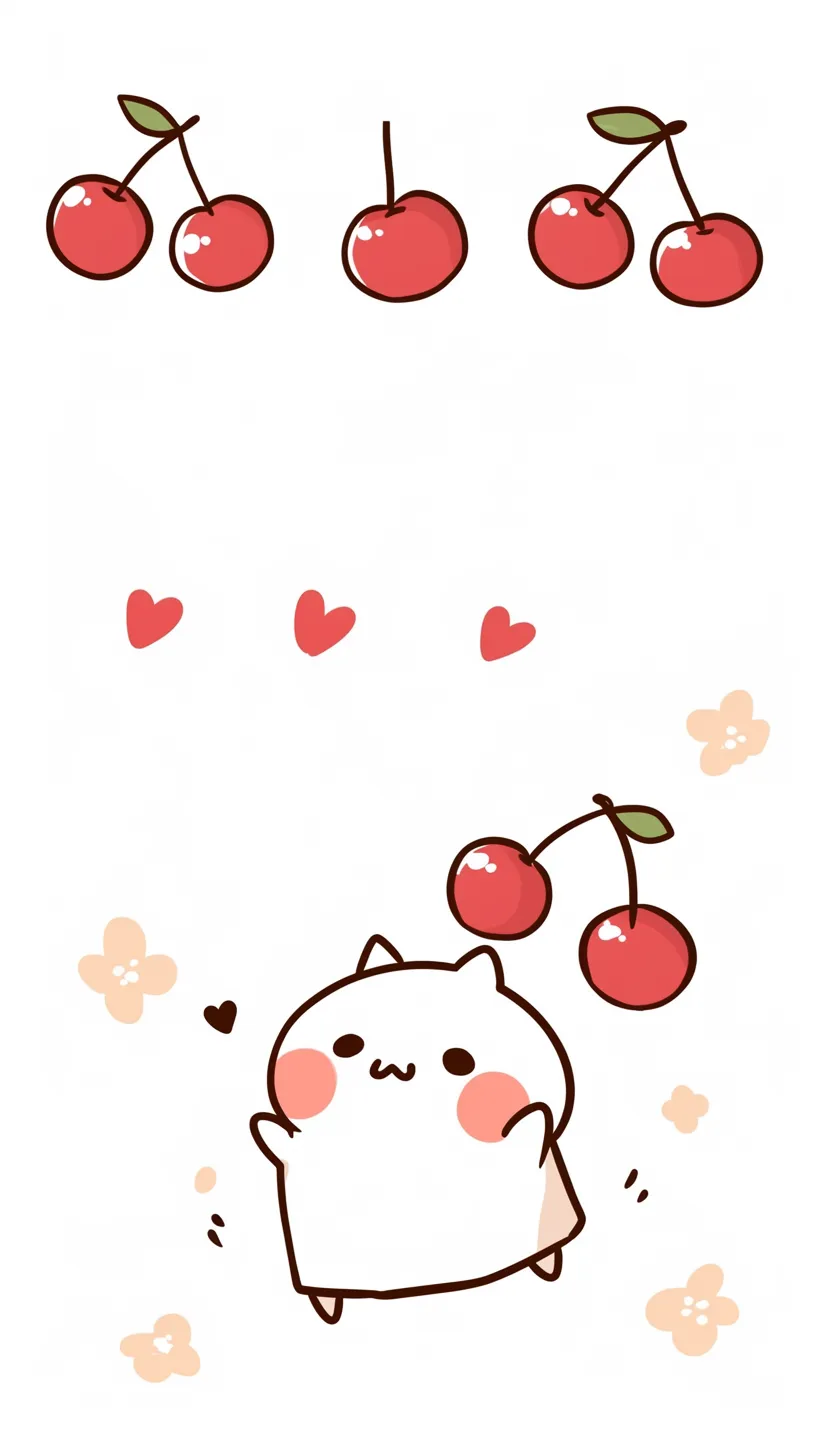 さくらんぼ壁紙と遊ぶ猫｜赤い頬の猫キャラクターと共に、いくつものさくらんぼが描かれた楽しいデザイン。ハートや花が舞い、キャラクターの表情と動きがイラストに活気を与えている遊び心のある壁紙。