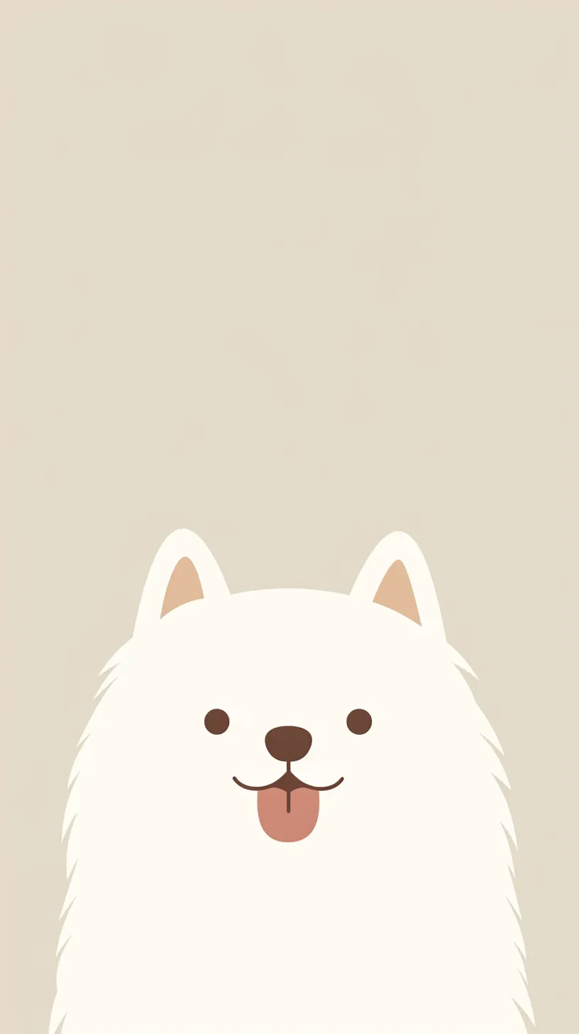 おしゃれ犬壁紙 ふわもこ笑顔｜やわらかな色調に描かれたおしゃれ犬が壁紙に広がり、ふわもこの毛並みと舌を出した笑顔が愛嬌を漂わせる。シンプル構図が魅力を際立てる。