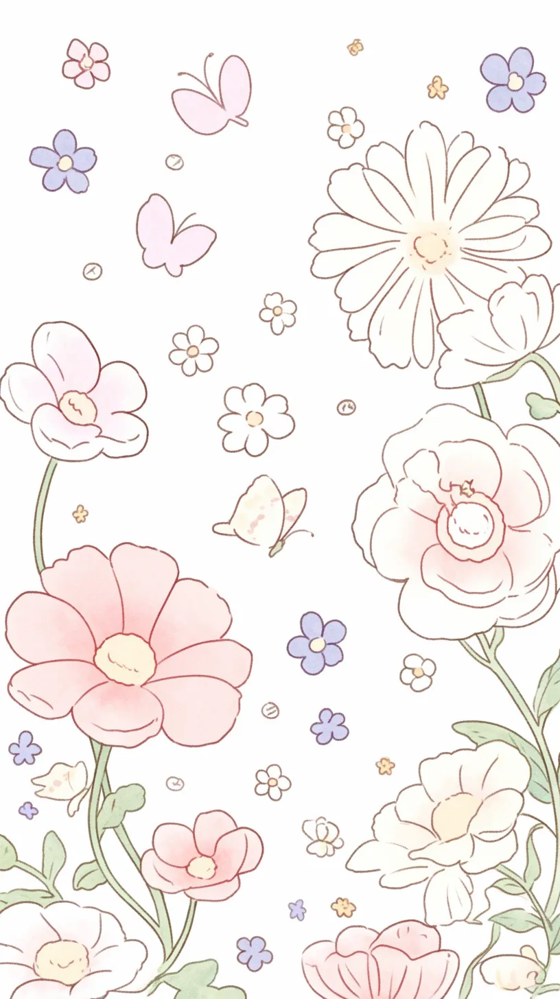 花柄壁紙と蝶の舞い｜繊細な線画で描かれた花柄と蝶が壁紙を彩り、優しいパステル調が柔らかい空気感を作る。余白を生かした配置が軽やかさを強調している。