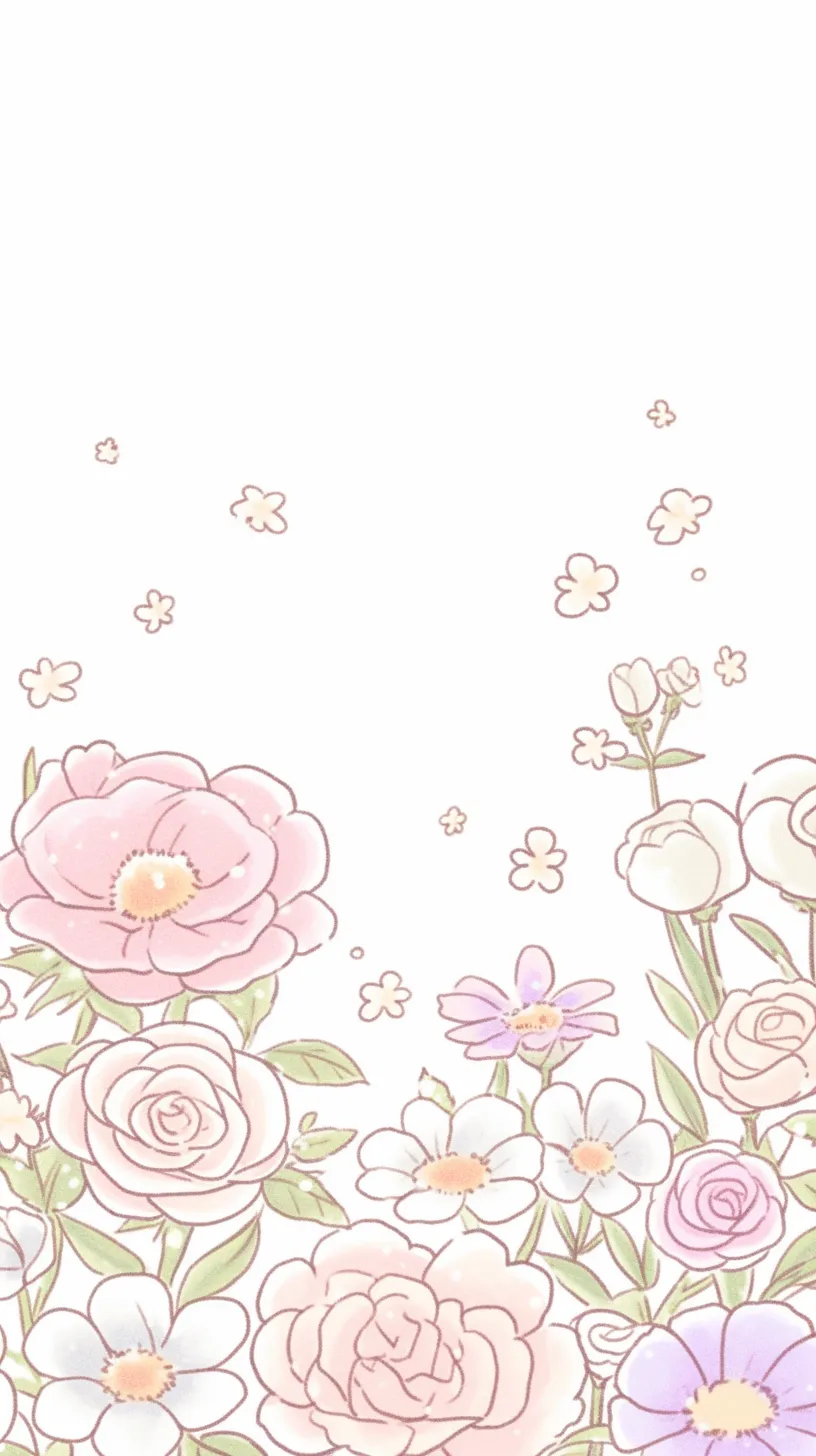花柄壁紙の広がる余白｜下部にまとまる花柄が壁紙の余白と対比を成し、軽やかな浮遊感を演出。柔らかな色彩が繊細で可憐な空気感を漂わせている。