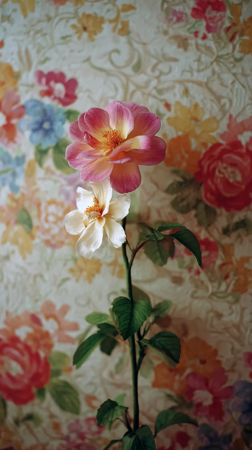 花柄壁紙の写実的存在｜前景の花柄が瑞々しく描かれ、壁紙のぼかされた模様と調和する。実在感のあるタッチが静かな華やかさを際立たせている。