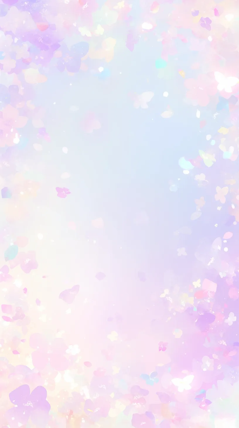 かわいい花壁紙の余白｜中央の余白を活かし、淡いピンクや紫のかわいい花が周囲を包む壁紙。柔らかくにじむ色合いが静けさと温もりを両立させている。