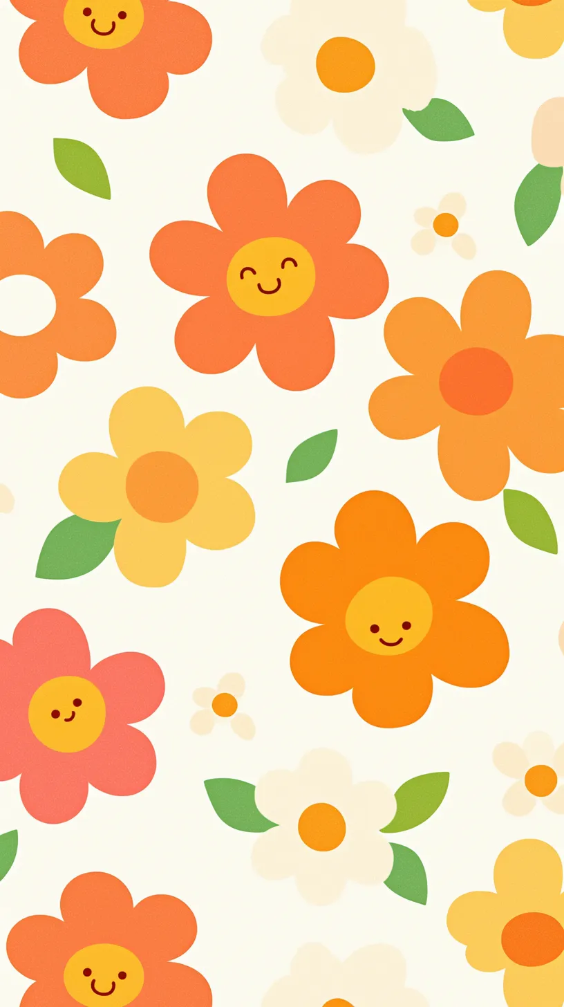 かわいい花壁紙の笑顔｜オレンジや黄色のかわいい花に笑顔が描かれ、壁紙全体が明るい雰囲気を放つ。素朴で温かみのあるデザインが親しみを与えている。