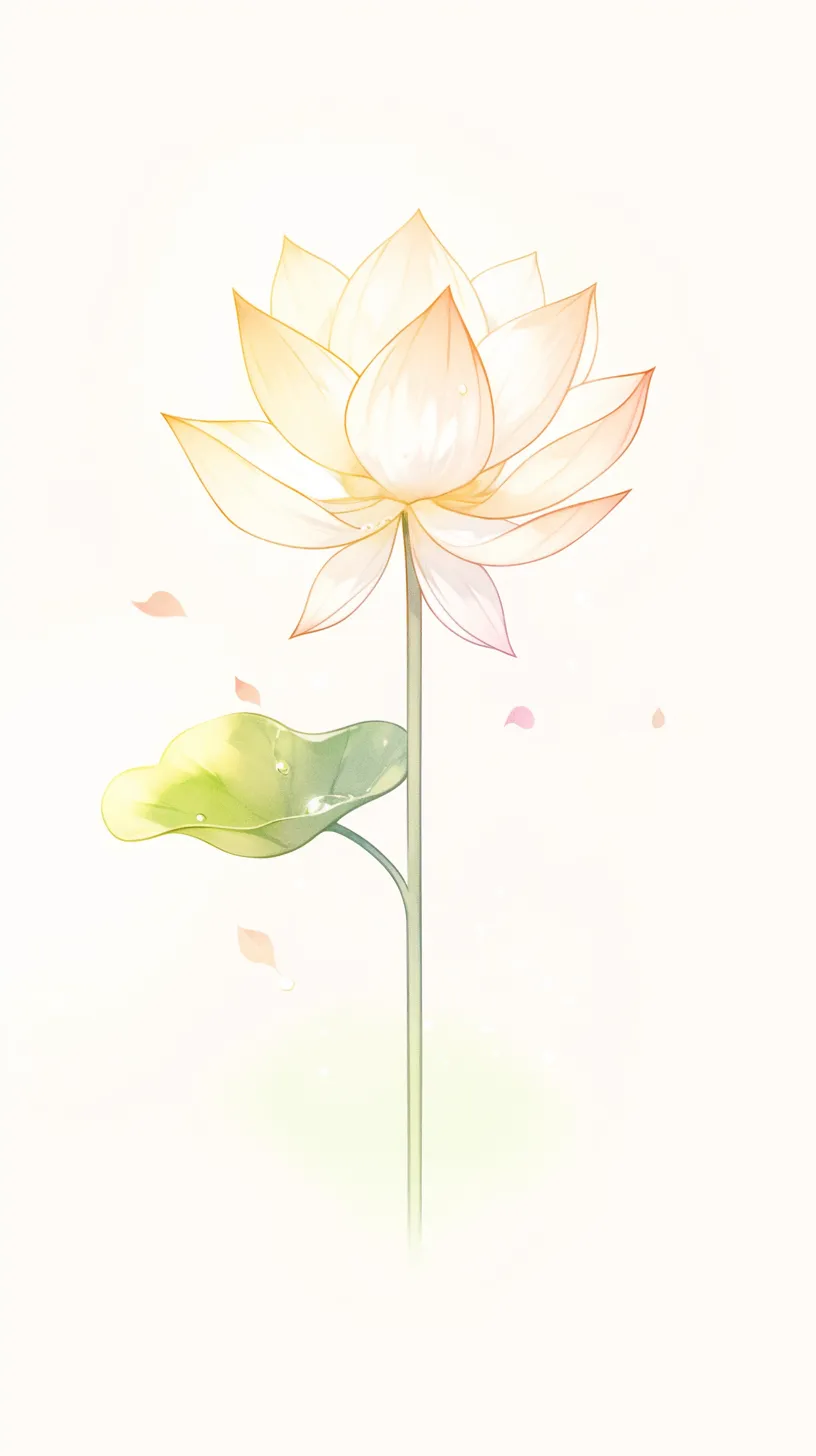 シンプル花壁紙 光の蓮華｜蓮の花が光を帯びて咲くシンプル花壁紙。柔らかな黄の輝きと浮遊する花弁が幻想的で、清らかさと静かな輝きを際立たせている。